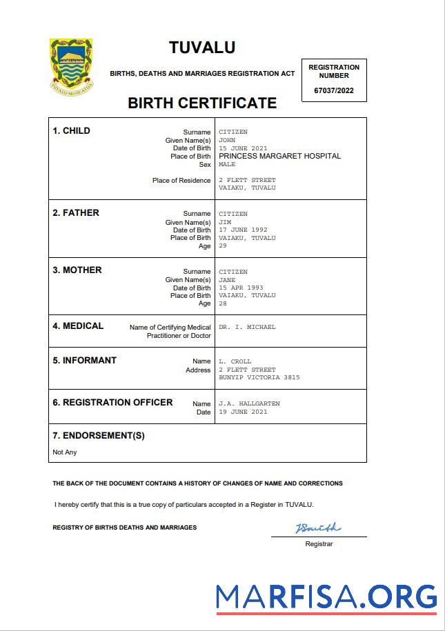 Blank Tuvalu birth certificate Word and PDF template